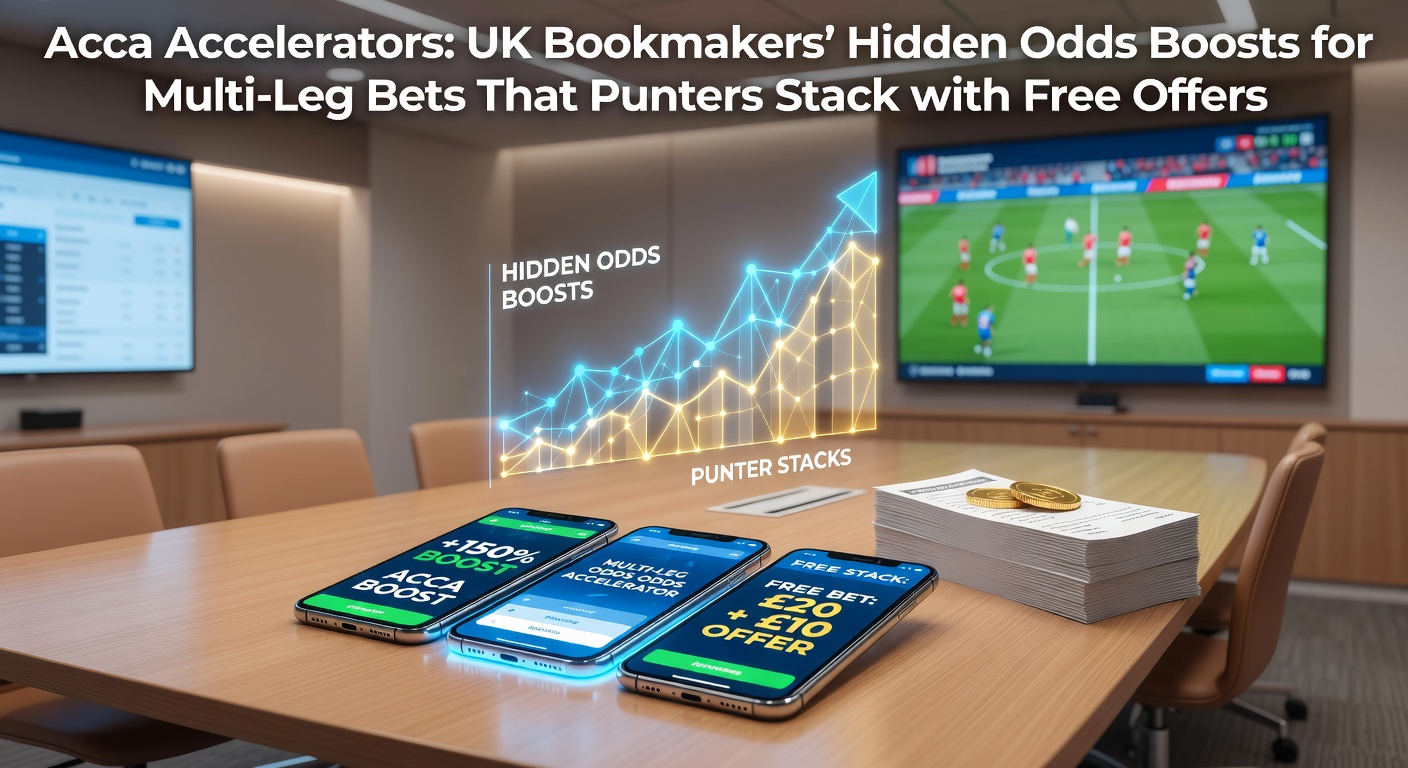 Graphic showing stacked accumulator bets with odds boost icons and free bet tokens layered on top, illustrating UK punters' stacking strategy