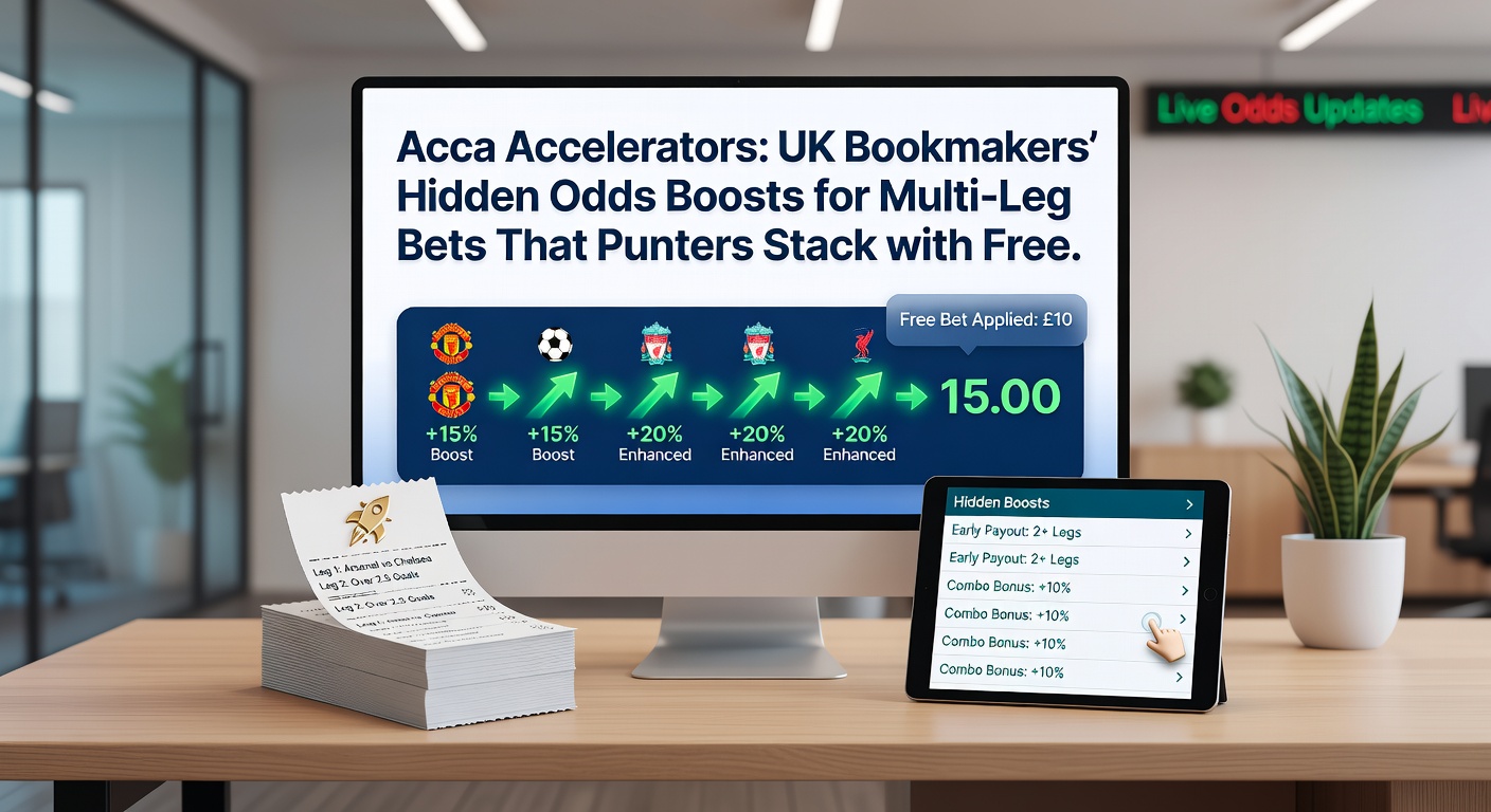 Screenshot of a bookmaker app displaying an acca accelerator promotion with percentage boosts listed by leg count, alongside free bet icons ready for stacking
