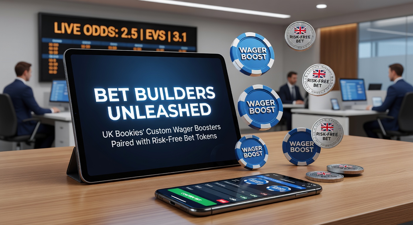 Vibrant digital display of a bet builder interface on a UK bookmaker app, showing stacked selections like player shots, corners, and cards combined into one wager with odds boosting icons and a risk-free token overlay