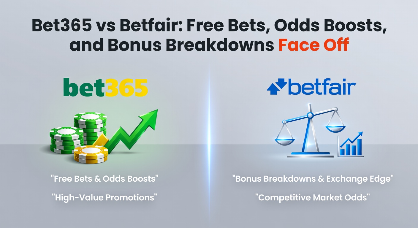 Graphic comparing Bet365 and Betfair promotions with icons for free bets, odds boosts, and bonus offers