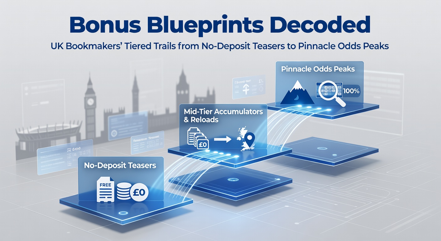 Infographic showing a multi-tiered ladder of bookmaker bonuses, starting with no-deposit free bets at the base and climbing to pinnacle odds boosts at the top