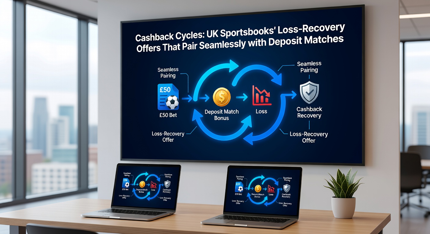 Graphic showing a cycle of cashback arrows connecting deposit matches and loss recovery in UK sportsbook promotions