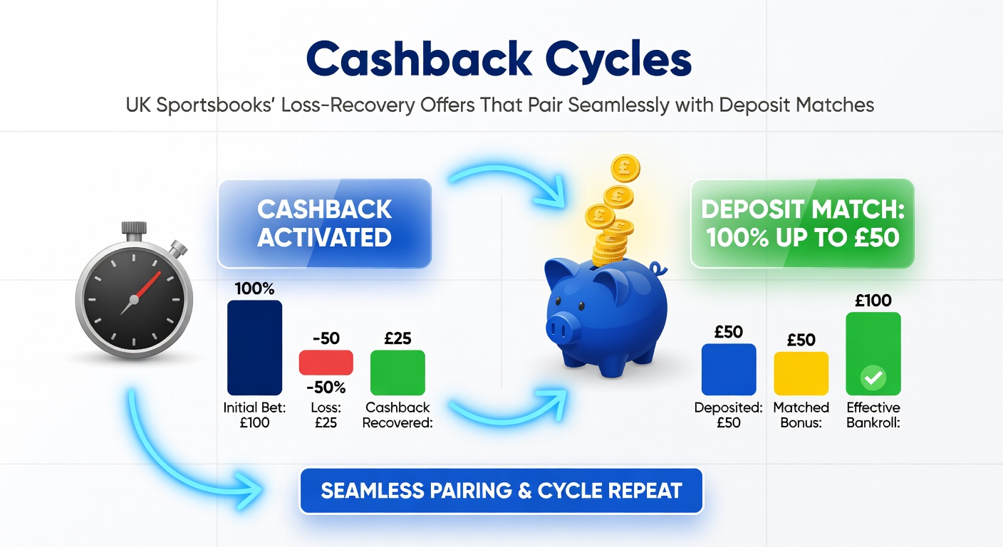 Illustration of interlocking gears representing cashback refunds flowing back into deposit-matched bets in a continuous UK sportsbook loop
