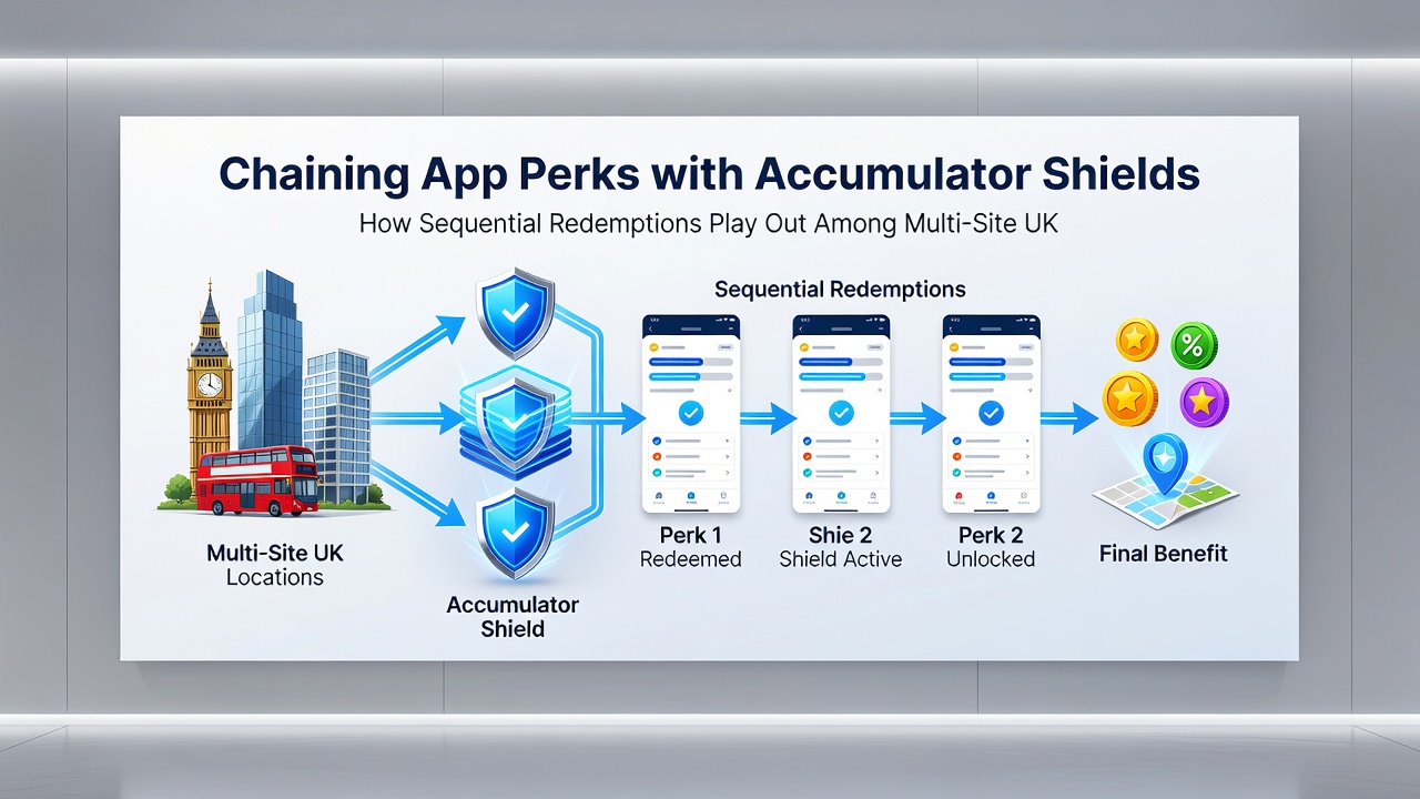 Flowchart style graphic showing sequential redemption steps across UK betting apps with accumulator shield integration