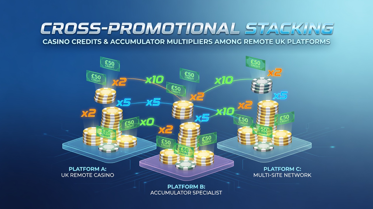Remote UK betting platforms showing casino credit balances alongside accumulator multiplier options on mobile interfaces