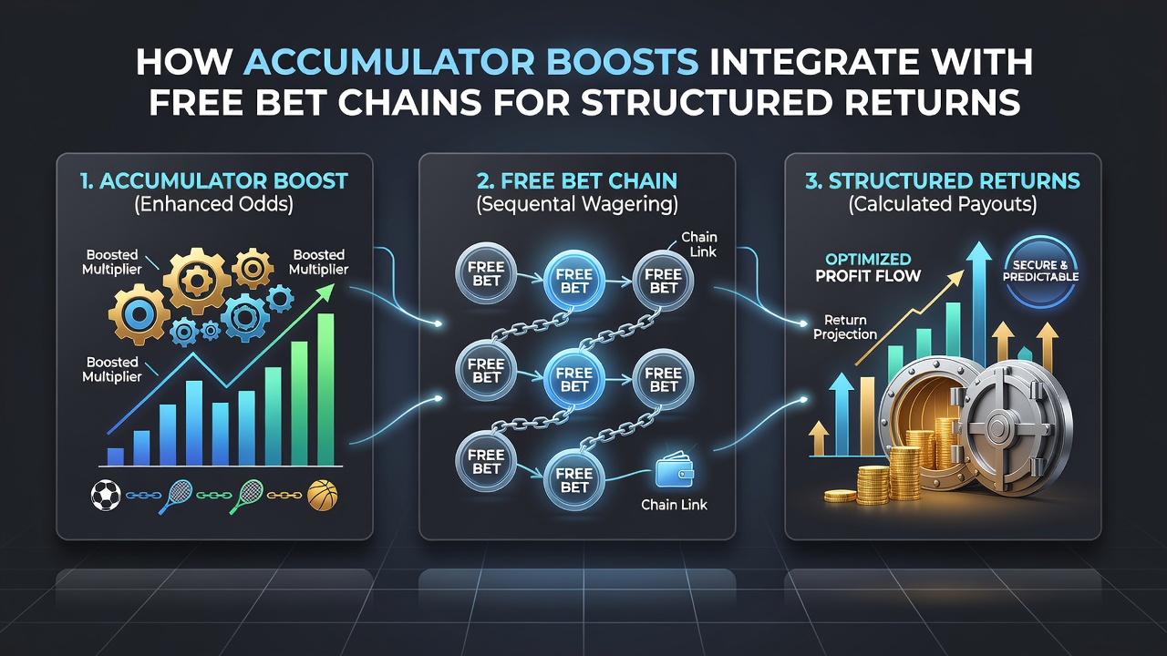 Flowchart illustrating step-by-step integration of accumulator boosts within a multi-stage free bet chain