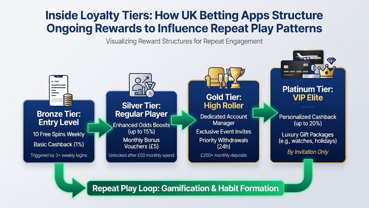 Infographic showing loyalty tier benefits and player retention statistics for UK betting apps