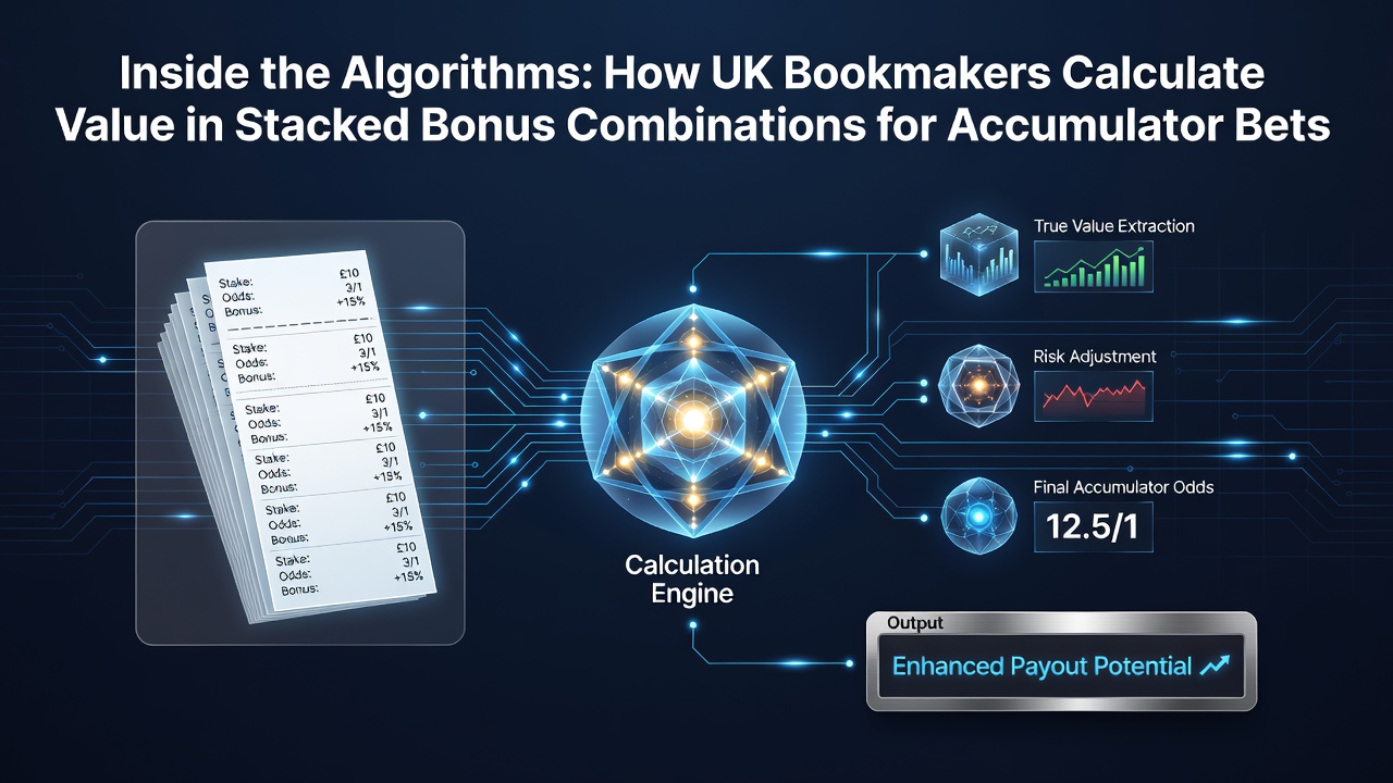 Diagram showing accumulator bet structure with layered bonus calculations and algorithmic value assessment