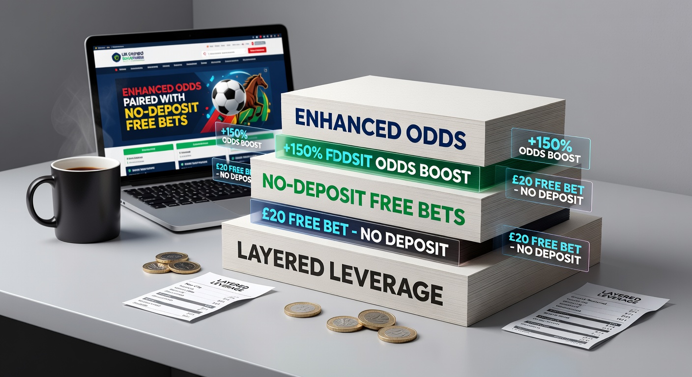 UK bookmaker promotions displaying enhanced odds offers alongside no-deposit free bet icons, highlighting layered betting opportunities