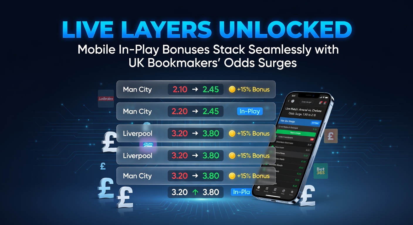 Mobile phone screen displaying live in-play betting options with stacked bonuses and surging odds on a UK bookmaker app