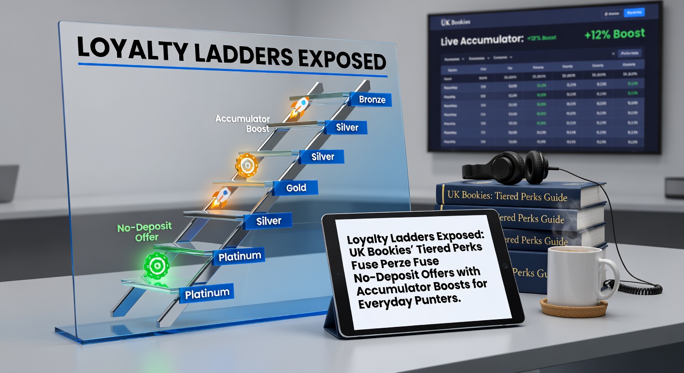 Visual ladder graphic showing tiered loyalty levels in UK bookmakers, from bronze to platinum, with icons for free bets and accumulator boosts