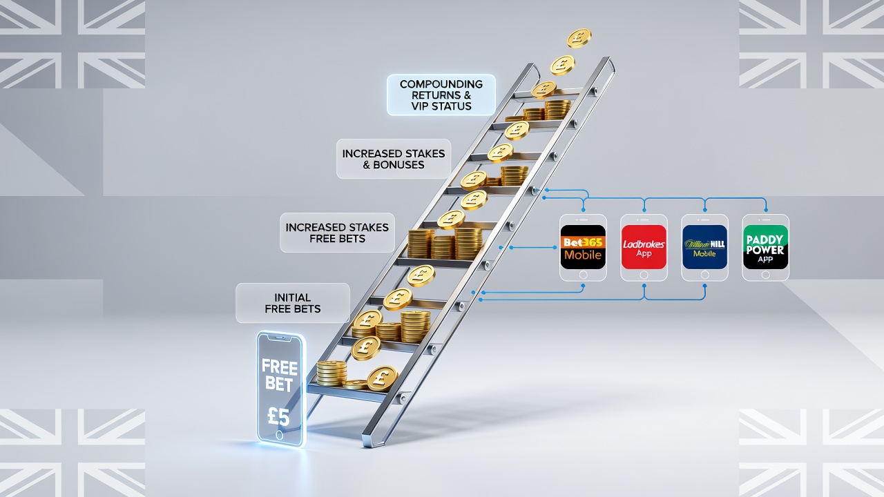 Graph illustrating compounding returns from loyalty ladder tiers on UK betting apps over multiple months