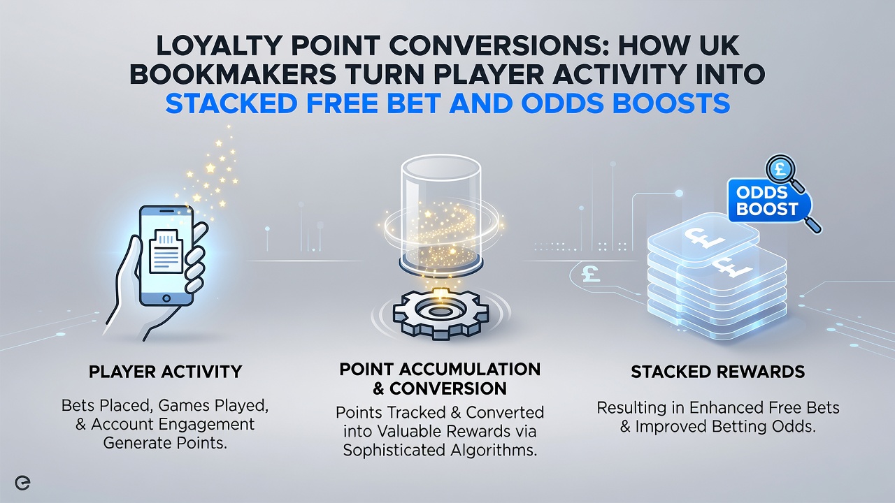 Flowchart illustrating loyalty point conversion pathways into free bets and enhanced odds within UK betting apps