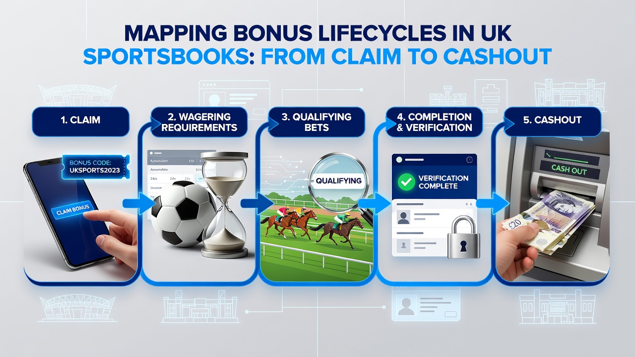 Diagram showing the stages of a UK sportsbook bonus from initial claim through wagering requirements to final cashout process
