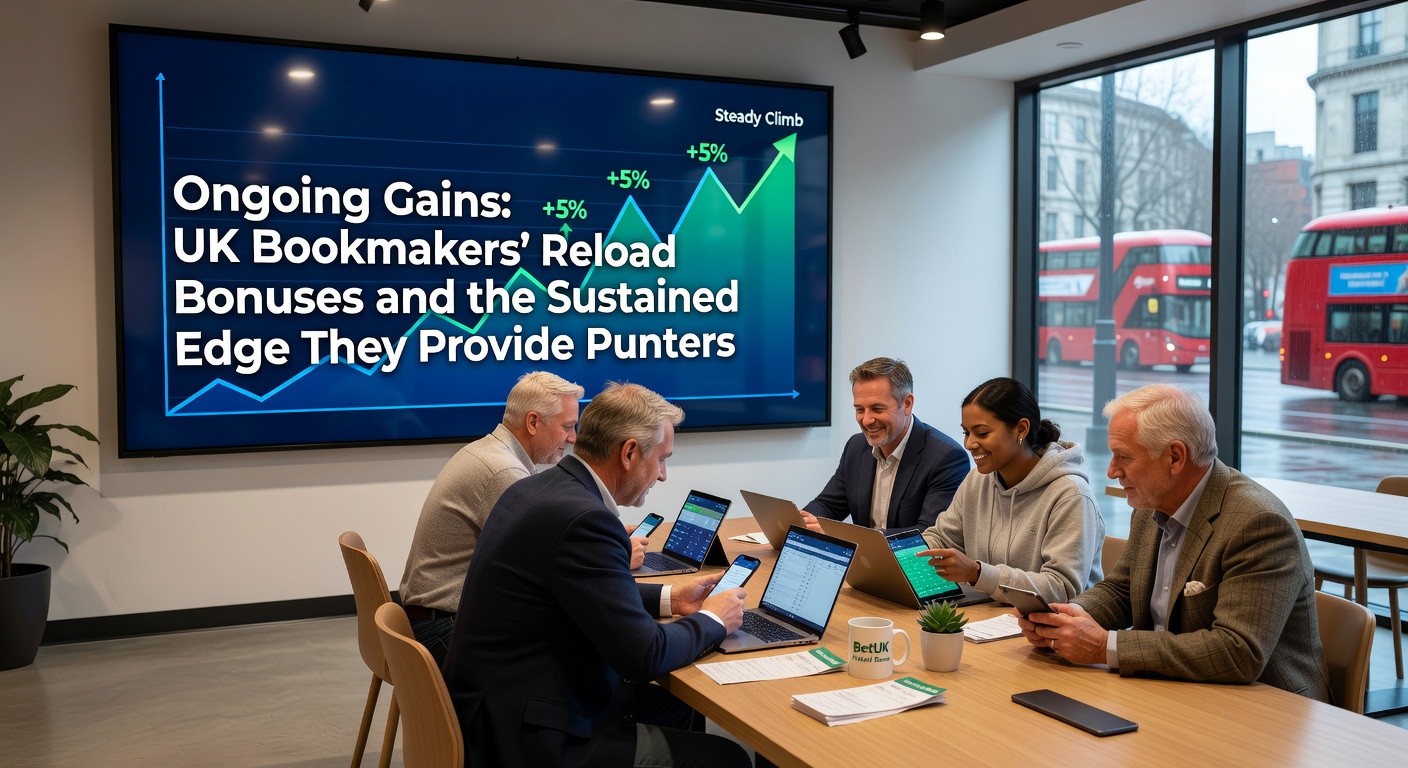 Graphic showing stacked reload bonus offers from UK bookmakers, with icons of deposit matches and free bet tokens building toward sustained punter profits