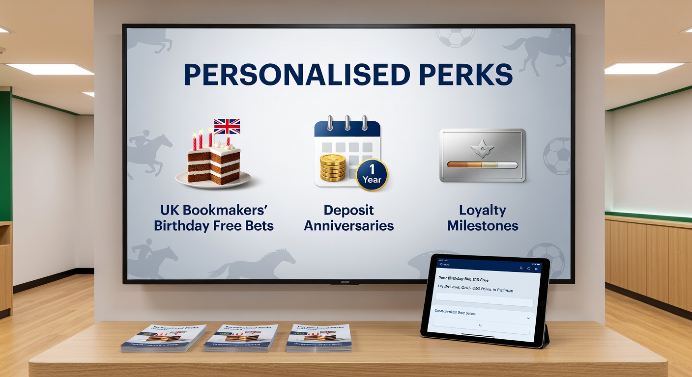 Illustration of a milestone calendar with deposit icons and loyalty badges, representing anniversary rewards from UK betting sites