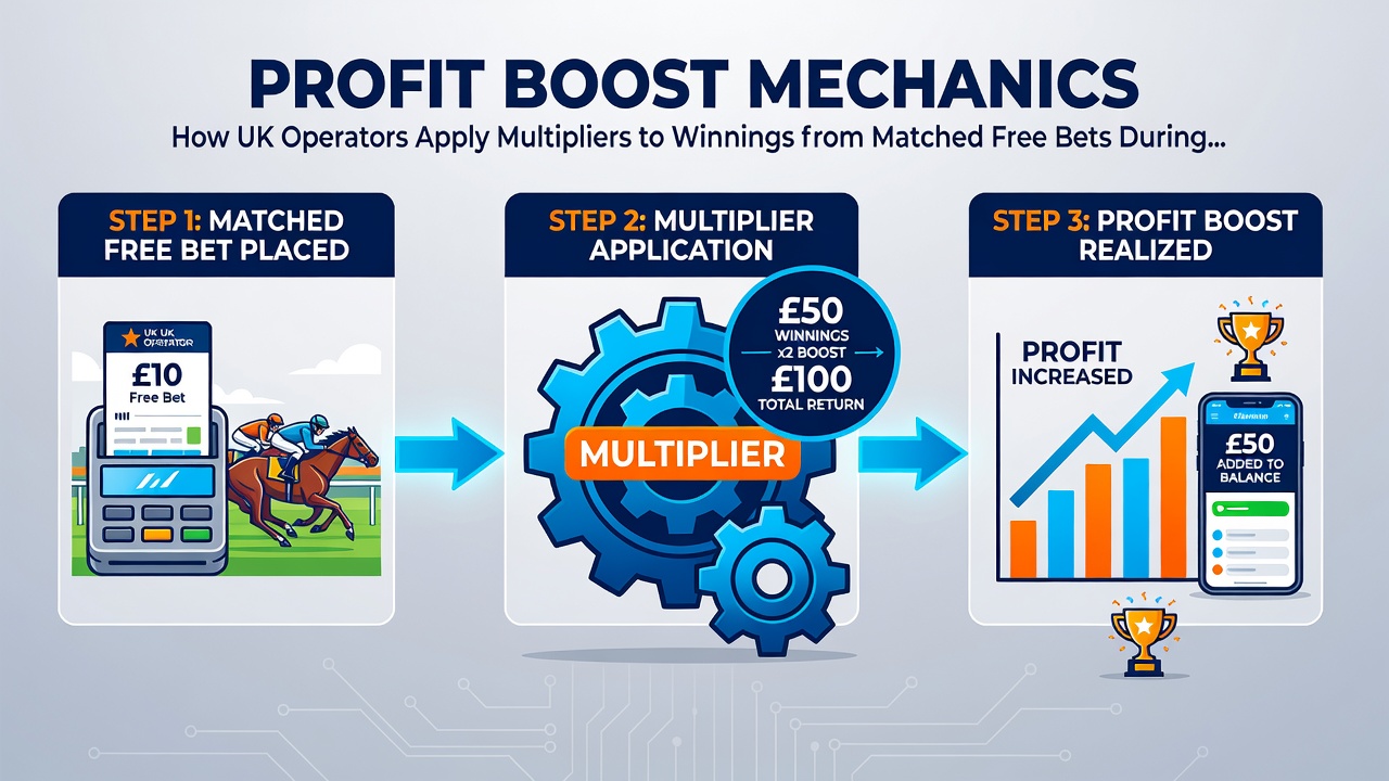 Flowchart illustrating multiplier calculation steps applied to matched free bet winnings in UK betting apps