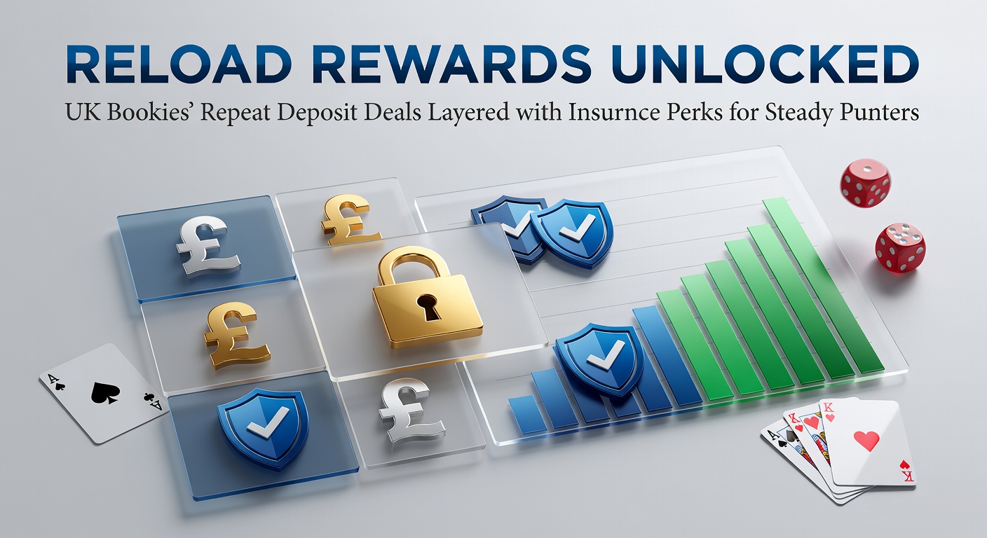Graphic showing stacked reload bonus icons layered over insurance shield symbols, representing combined UK betting promotions for regular depositors