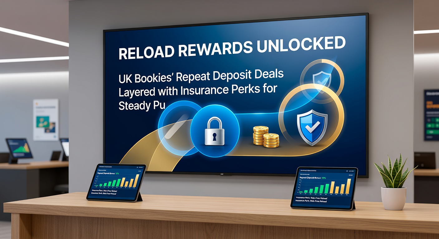Infographic illustrating a flowchart of deposit-reload-insurance cycle, with UK bookmaker logos and profit arrows for visual strategy breakdown