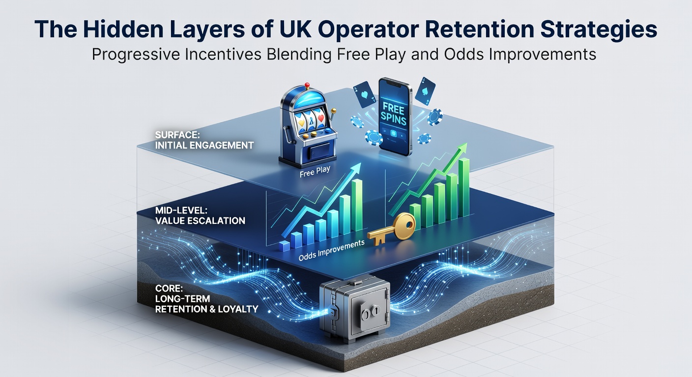 Diagram showing layered retention incentives combining free play tokens with progressive odds enhancements across UK betting platforms