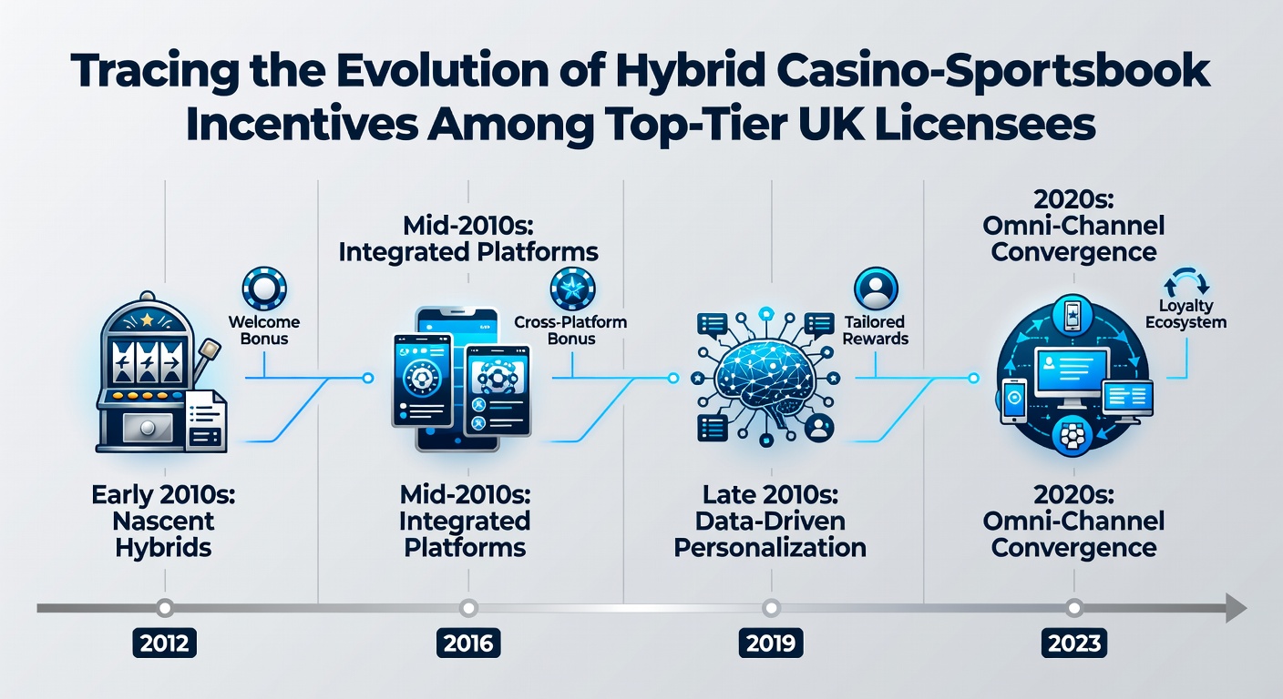 Timeline graphic showing the progression of hybrid casino-sportsbook incentives among major UK licensees from 2015 onward