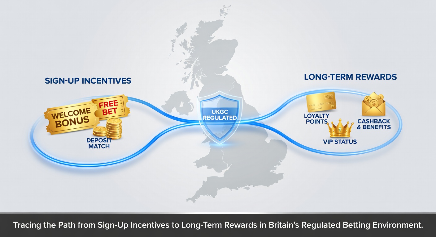 Illustration showing the progression from initial sign-up incentives to sustained loyalty rewards in British betting platforms